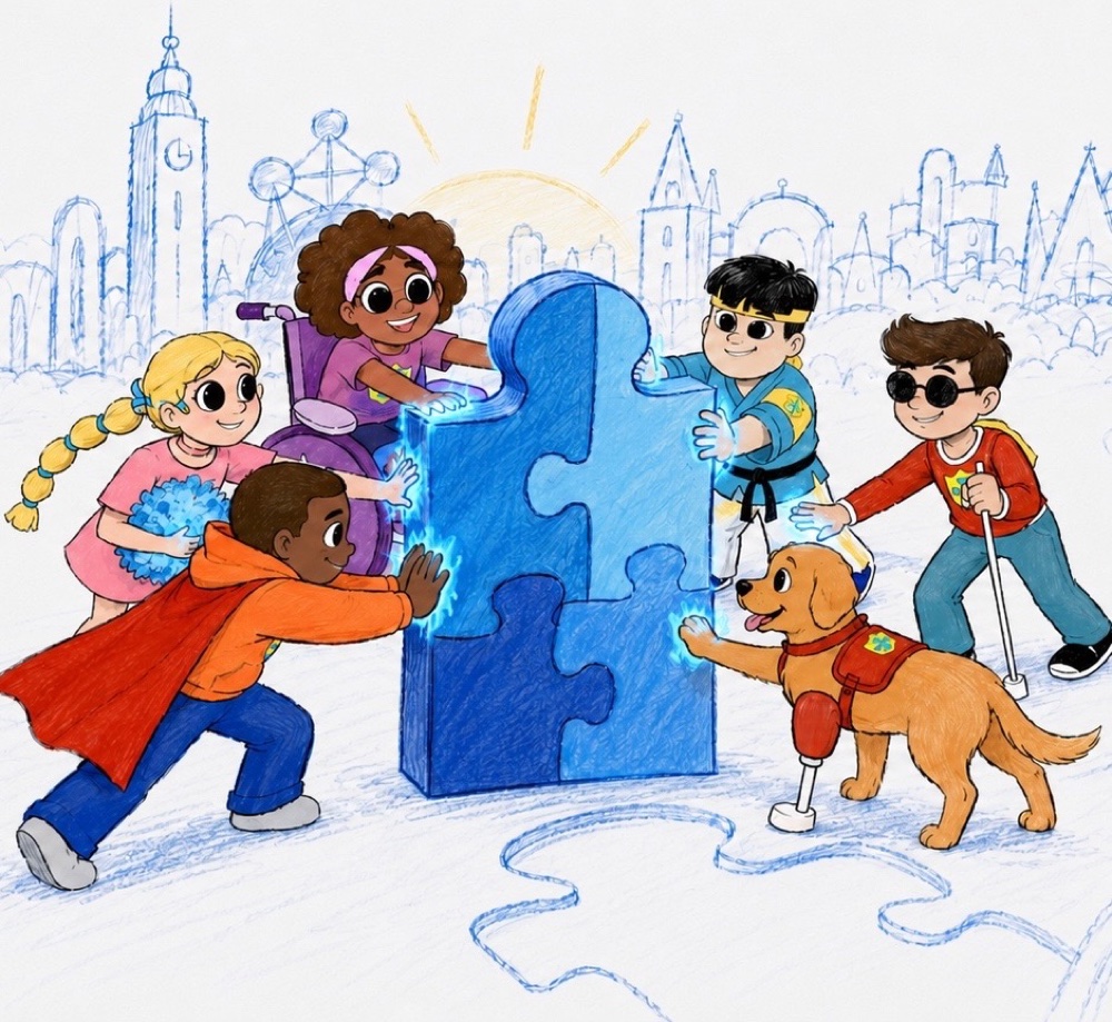 The iCANS Crew working together to build a giant puzzle piece in CanLand